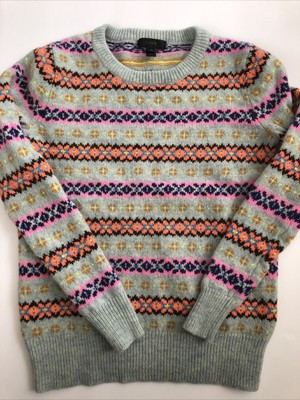 J Crew Womens Fair Isle Nordic Sweater XS Lambs Wool Gray Neon Pink Orange Blue | eBay US