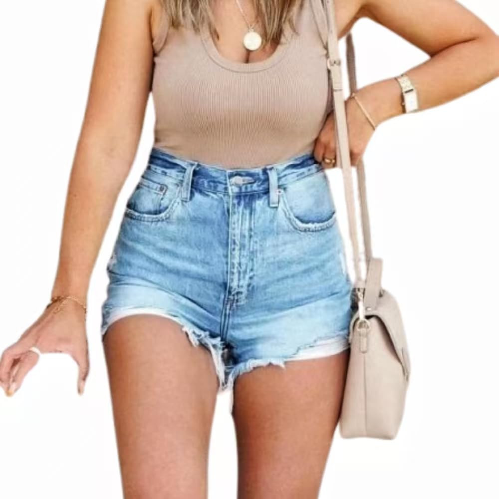 Womens Blue Ripped Denim Jean Shorts Frayed Denim Shorts for Summer | Amazon (US)