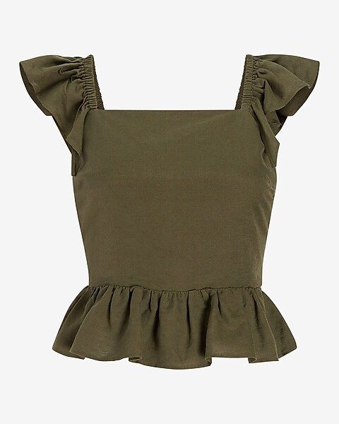 Linen-Blend Ruffle Cut-Out Back Peplum Tank | Express