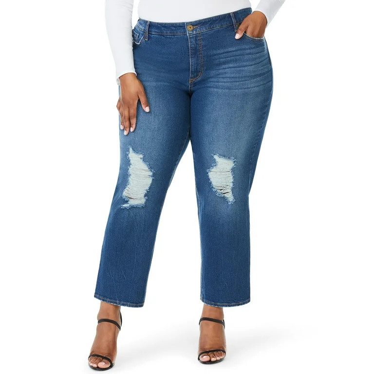 Sofia Jeans by Sofia Vergara Plus Size Leslie Destructed High-Rise Slim Straight Jeans | Walmart (US)