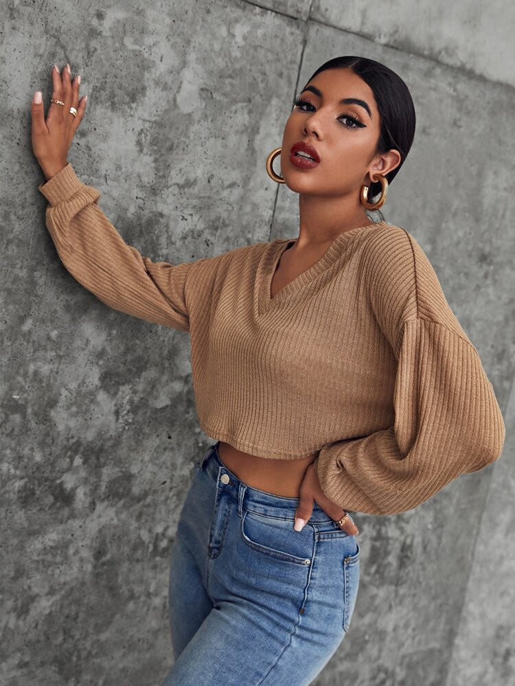 SHEIN V-neck Drop Shoulder Crop Tee | SHEIN