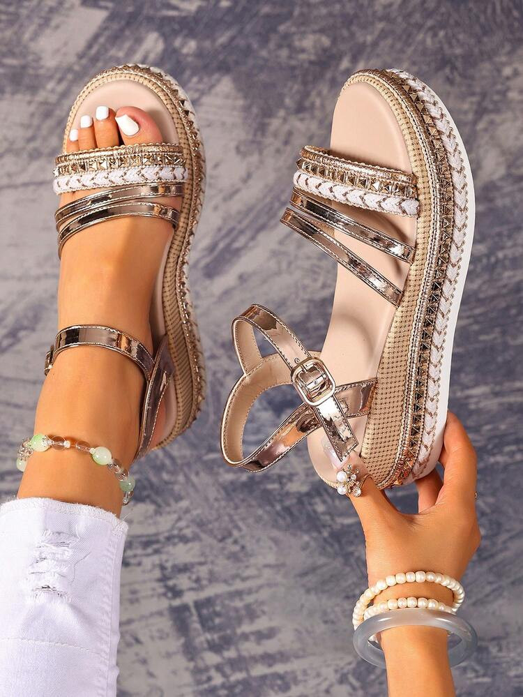 Summer Platform Sandals, Fabric Knot Decor Beach Wedge Thick Bottom Roman Sandals, Rivets Embellished Bohemian Open Toe Elastic Ankle Strap Breathable Casual Elegant Flat Sandals | SHEIN