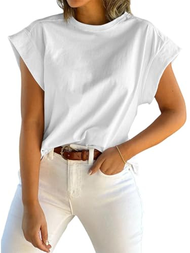 Tankaneo Womens Summer Cap Sleeve Tank Top Crew Neck Solid Casual Loose Fit Basic Tee Shirt | Amazon (US)