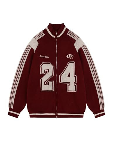 Aelfric Eden Cardigan Sweaters for Women Zip Up Oversized Knit Cardigans Long Sleeve Contrast Color Number Sweater Coat Red Medium | Amazon (US)