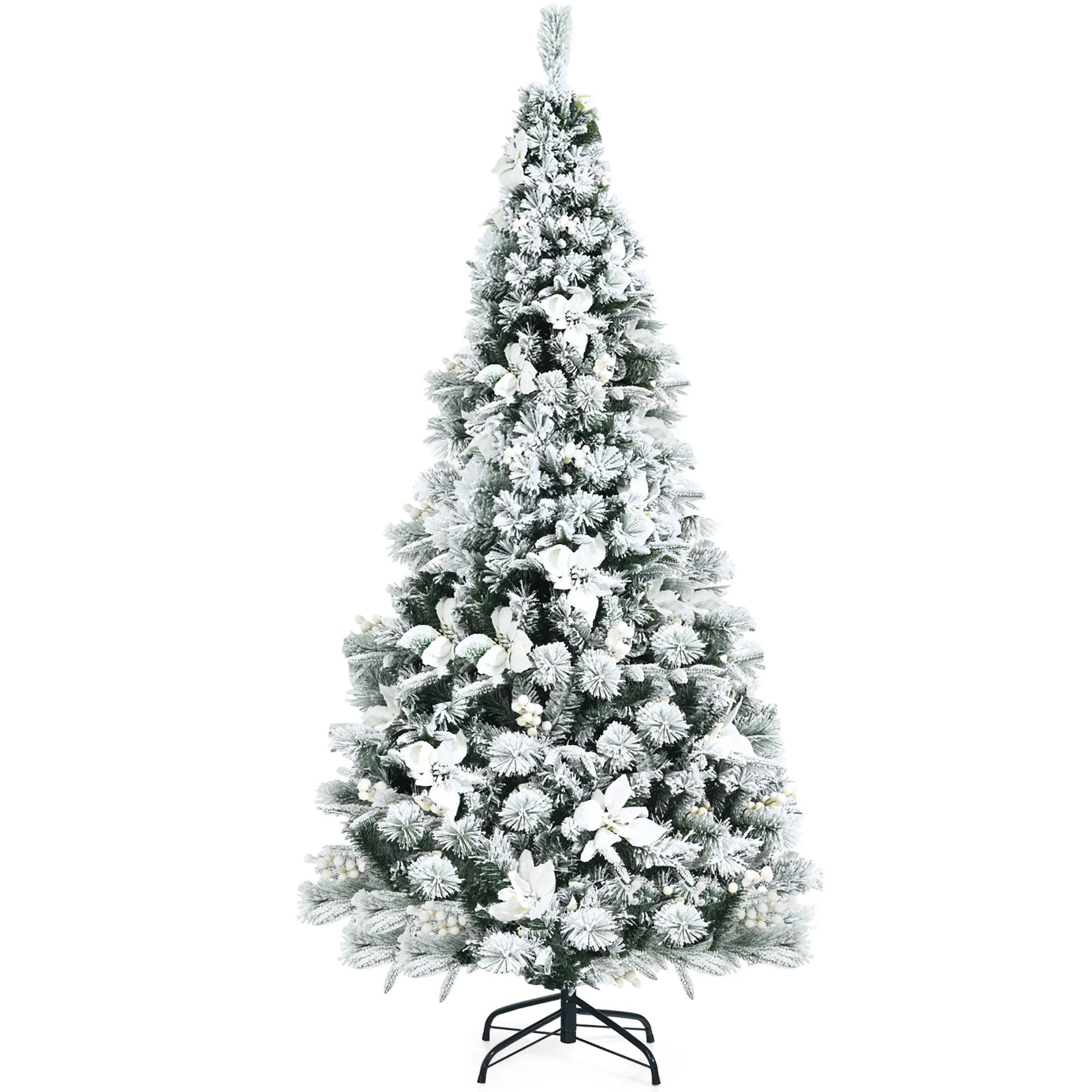 Costway 6ft Snow Flocked Hinged Christmas Tree w/Berries & Poinsettia Flowers - Walmart.com | Walmart (US)