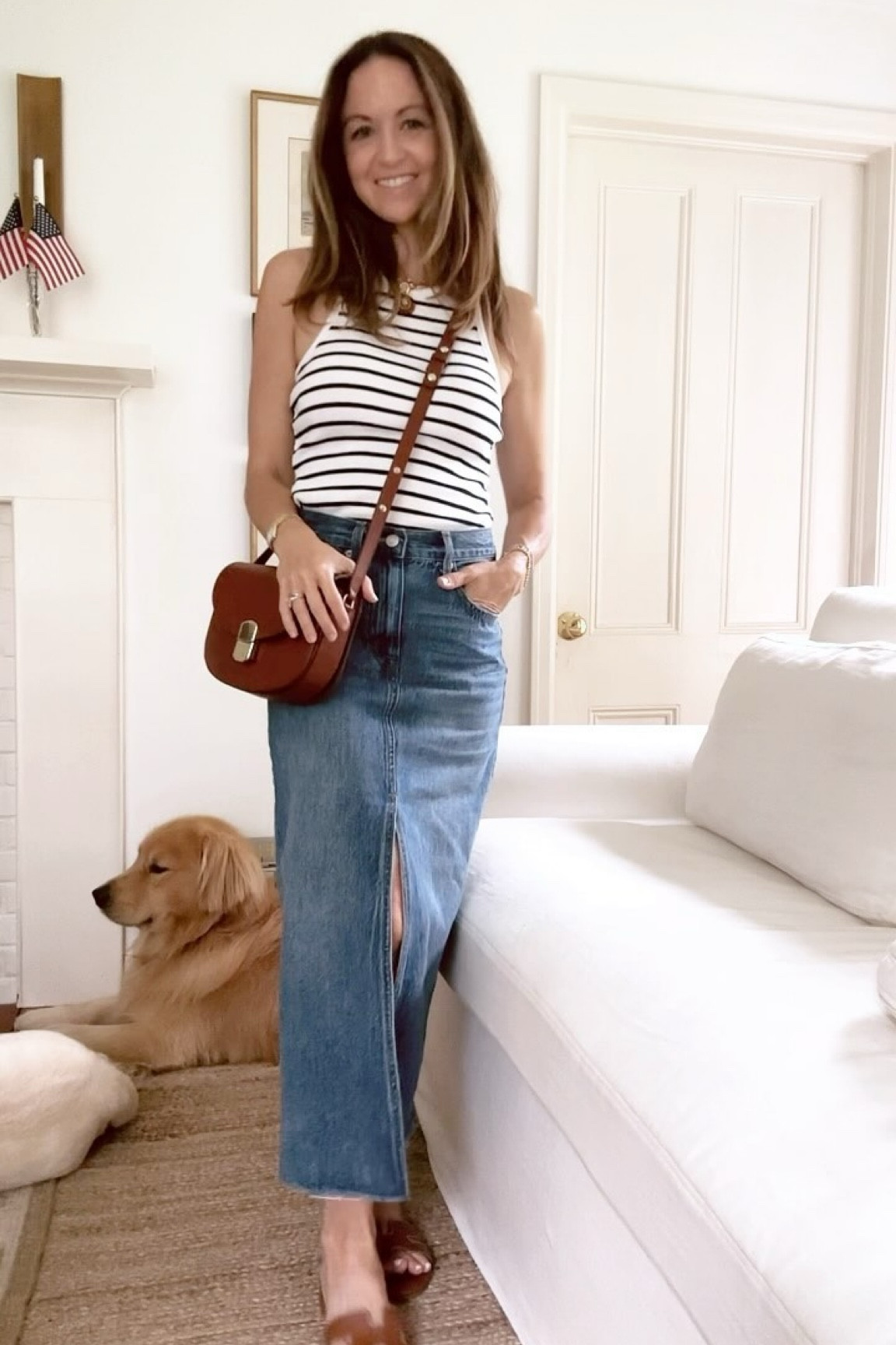 #ootd #outfitideas #grwm #elevatedeveryday #denimskirt #denimandstripes 

Top: @sezane 
Bra: @skims 
Skirt: @pistoladenim- Use code Amanda15 for 15% off your order  
Shoes: @tuckernuck 
Bag: @sezane 
Necklace: @carabrowndesigns 
Bracelets: @dorseyofficial 
Watch: vintage