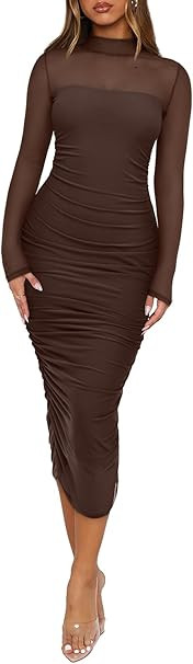 REORIA Women's Fall Mesh Long Sleeve Midi Ruched Bodycon Dress Mock Neck Elegant Club Evening Par... | Amazon (US)