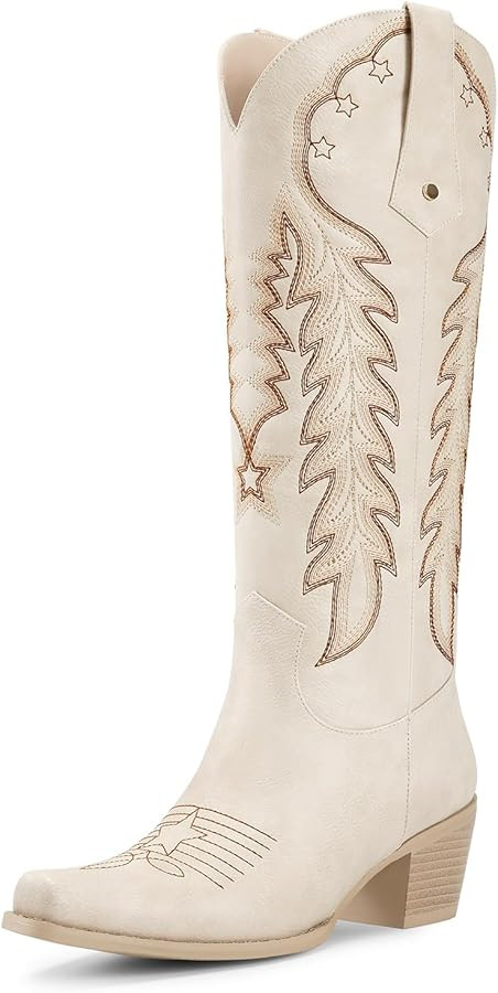 wetkiss Cowboy Boots for Women Knee High Cowgirl Boots Retro Embroidered Chunky Heels Pointed Toe... | Amazon (US)
