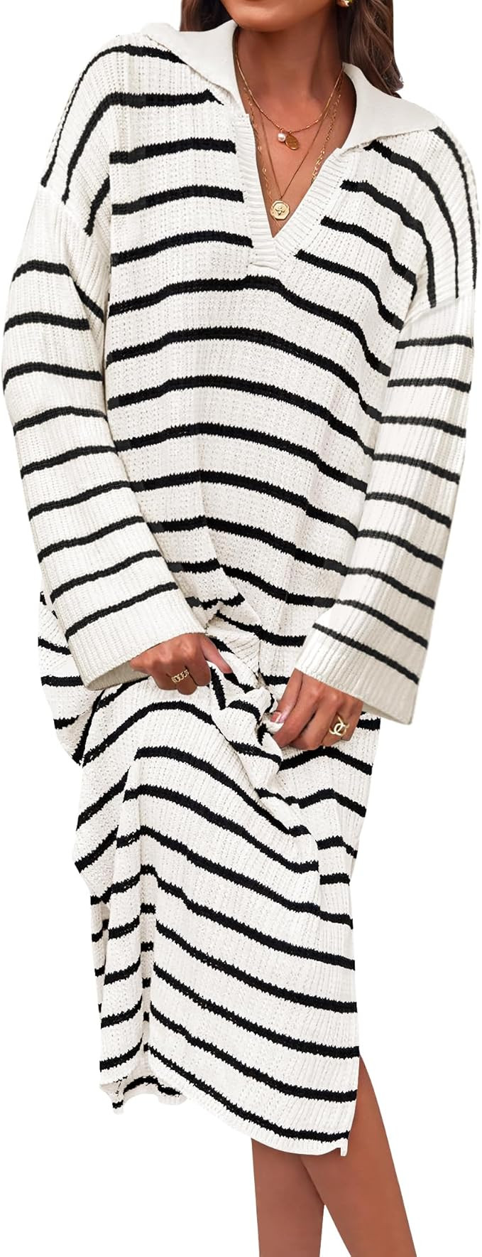 ZESICA Women’s Fall Striped Sweater Dresses 2024 Casual Long Sleeve Lapel V Neck Knit Side Slit... | Amazon (US)