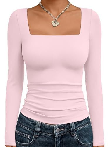 Trendy Queen Womens Cropped Long Sleeve Top - Square Neck Y2K Going Out & Workout Shirts, Soft Stretchy Fit Pink L | Amazon (US)
