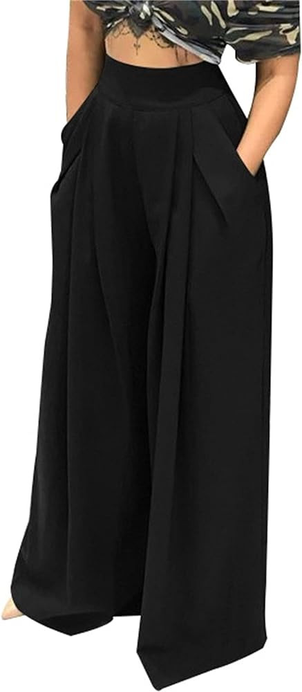 MESLIMA Women' s Causal Long Pants High Waist Wide Leg Stretchy Loose Fit Trousers with Pocket | Amazon (US)