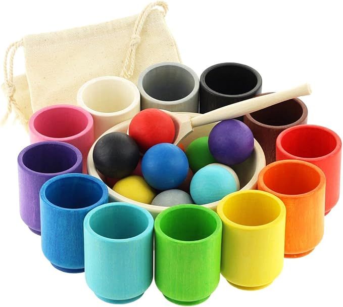 Ulanik Balls in Cups Large Montessori Toy Wooden Sorter Game 12 Balls 35 mm Age 1+ Color Sorting ... | Amazon (US)