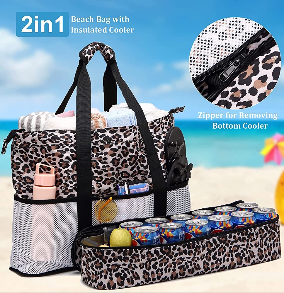 Beach Bag Women Waterproof Sandproof Beach Tote Bags with Cooler Top zipper Beach Essentials for Vac | Amazon (US)
