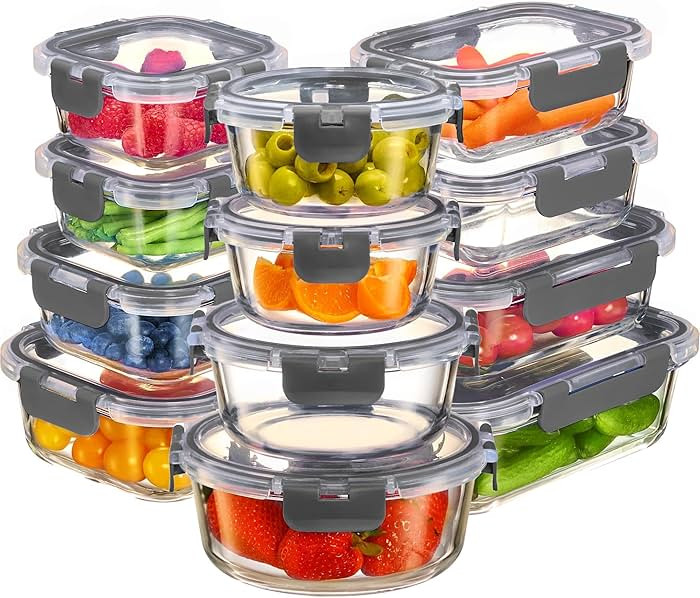 FineDine 24 Piece Glass Storage Containers with Lids - Airtight, Leak Proof, Dishwasher Safe, Gla... | Amazon (US)