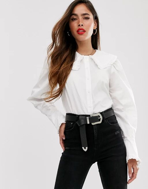 ASOS DESIGN long sleeve shirt with ruffle collar in cotton | ASOS US