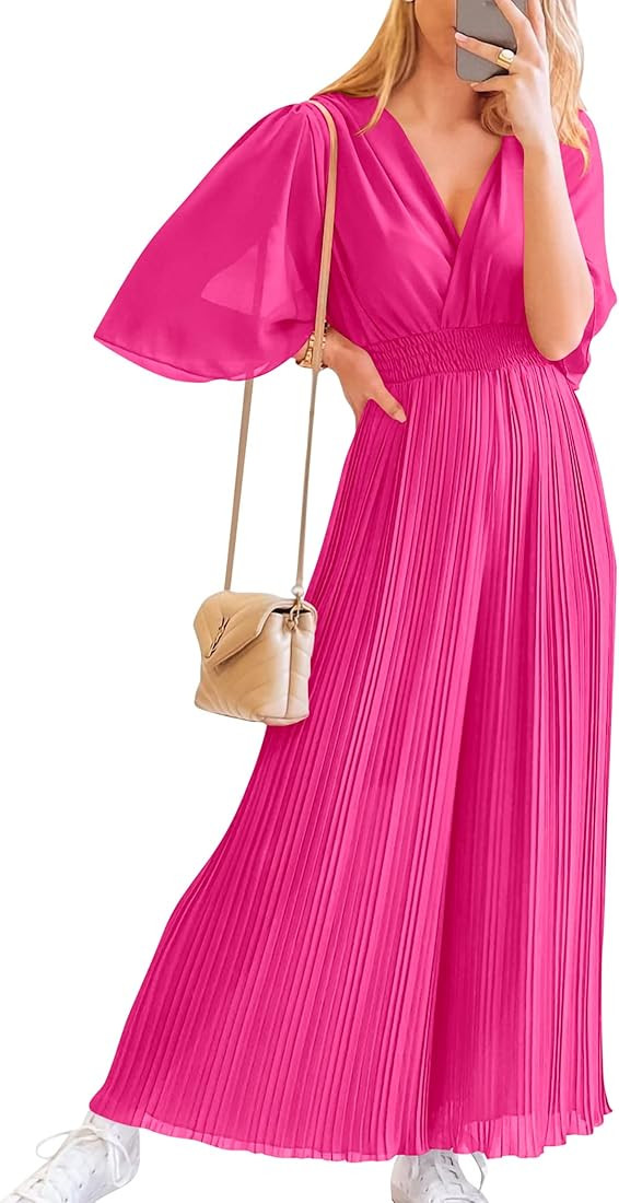 PRETTYGARDEN Women's Jumpsuits Casual Wrap V Neck Ruffle Sleeve Wide Leg Flowy Romper One Piece S... | Amazon (US)