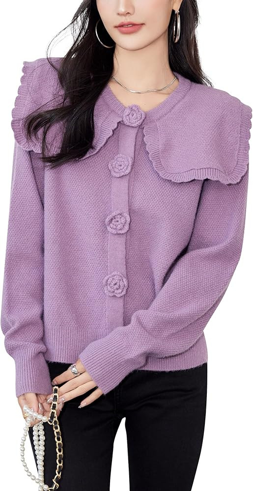 LAI MENG FIVE CATS Women's Fall Doll collar Knit Tops Casual Long Sleeve Soild Sweater Blouse | Amazon (US)