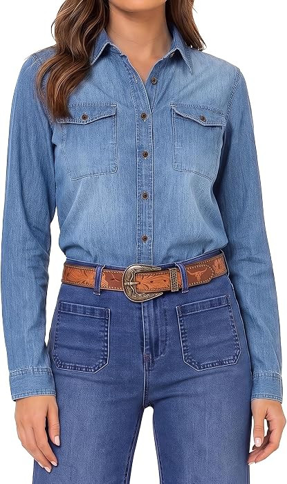 luvamia Denim Shirt Women Chambray Jean Western Shirts Long Sleeve Button Down Tops | Amazon (US)