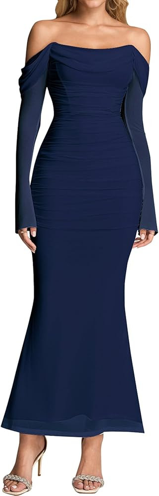 KUTUMAI Off Shoulder Long Sleeve Maxi Dress Corset Bodycon Ruched Cocktail Formal Wedding Guest D... | Amazon (US)