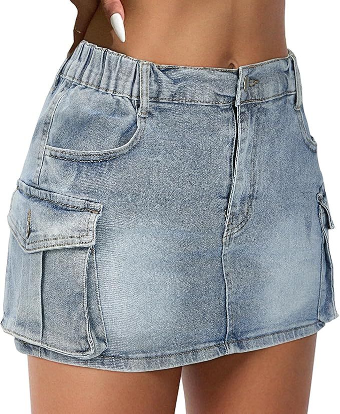 Women Denim Skirt Low Waist Cargo Skirt with Pockets Y2K Button Mini Jean Skirt | Amazon (US)