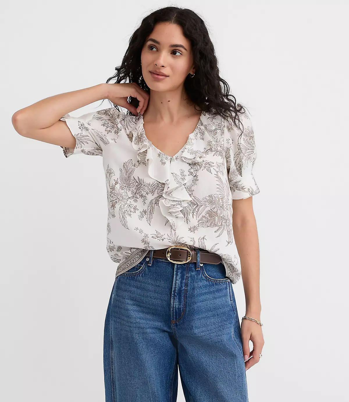 Floral Toile Pintucked Ruffle Blouse | LOFT