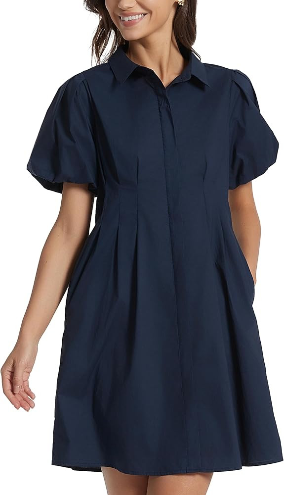 D-Sun Women's Short Puff Sleeve Shirt Dress Button Down Pleated Mini Dress Casual Short Dresses | Amazon (US)
