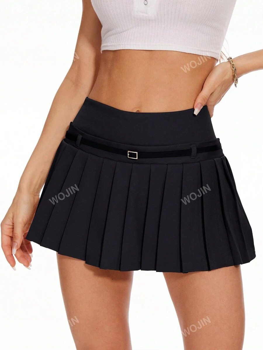 Solid Color High Waisted Belted Pleated Vintage Street Style Skirt | SHEIN