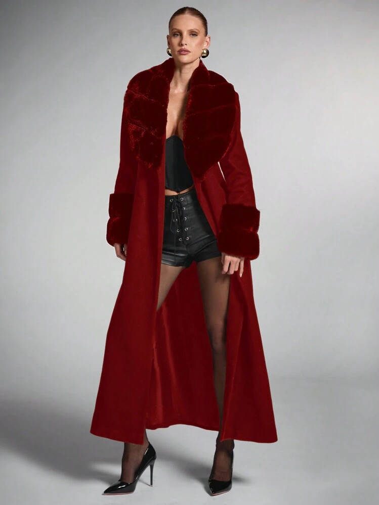 SHEIN BAE Women's Solid Color Fluffy Shawl Collar Long Sleeve Long Elegant Wool Blend Coat, Vinta... | SHEIN
