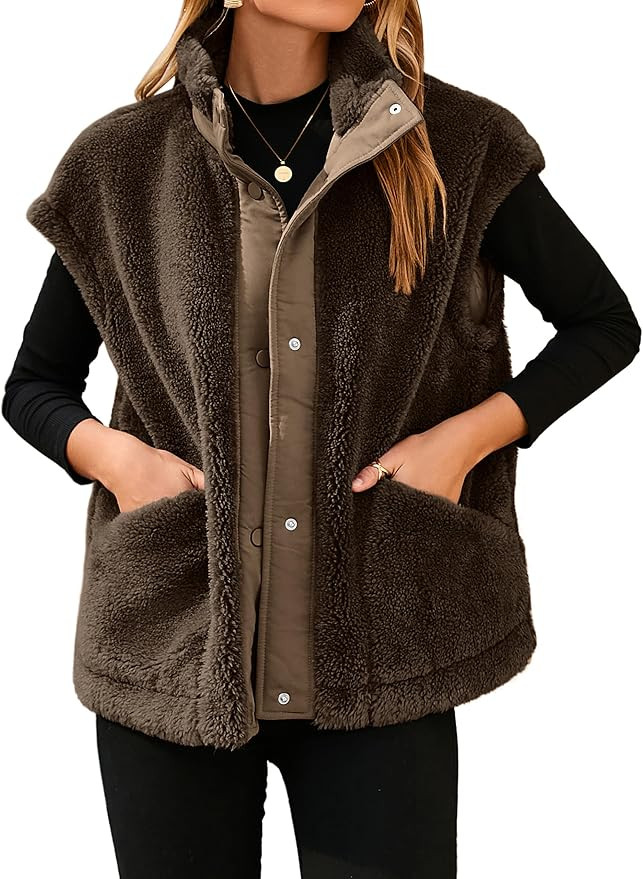 Glamaker Womens Fuzzy Fleece Vest Casual Loose Sherpa Vest Faux Fur Button Down Sleeveless Jacket... | Amazon (US)