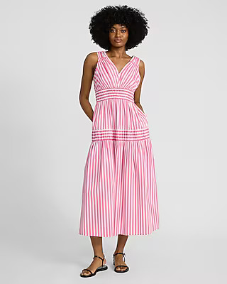 Striped V-Neck Sleeveless Tie Back Tiered Maxi Dress | Express
