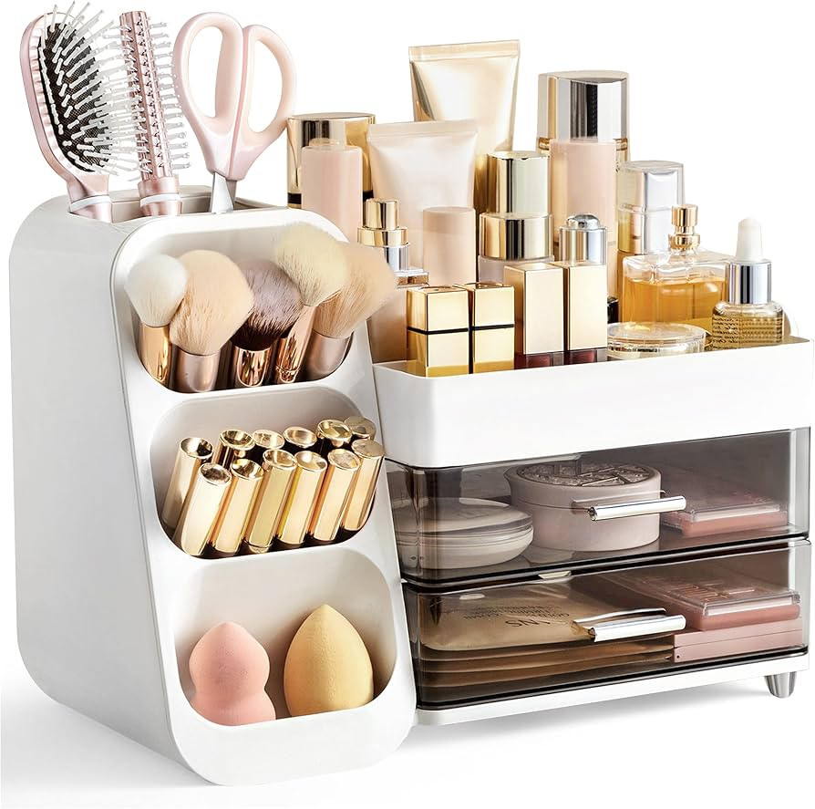 HBlife Makeup Organizer with Brush Holder for Vanity, Large Plastic Bathroom Countertop Organizer... | Amazon (US)