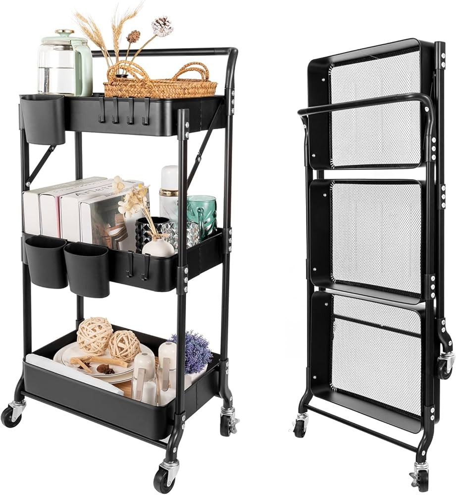 3 Tier Foldable Rolling Cart with Wheels, Folding Utility Cart Organizer, Collapsible Rolling Sto... | Amazon (US)