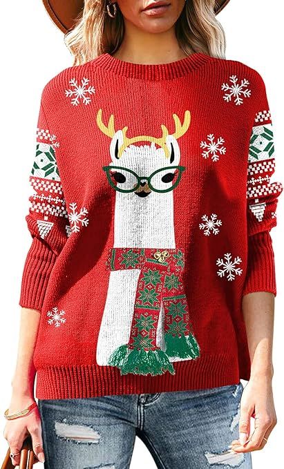 Sovoyontee Women's Cute Funny Ugly Christmas Sweater Snowflake Reindeer Holiday Knit Sweater Pull... | Amazon (US)