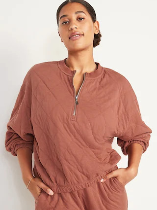 Crew-Neck Half-Zip Quilted Sweatshirt for Women | Old Navy (US)
