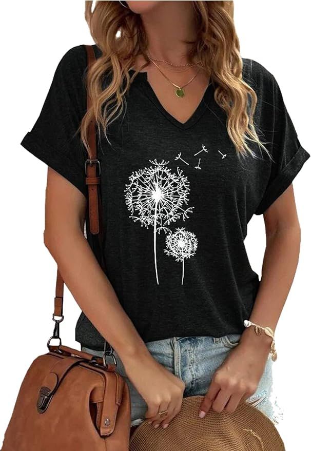 Women's T-Shirts V-Neck Dandelion Print Short Sleeve Casual Tee Tops Cute Graphic Shirts Solid Co... | Amazon (US)