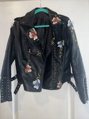 Faux Leather Moto Jacket with Embroidered Flowers- Size M | eBay US