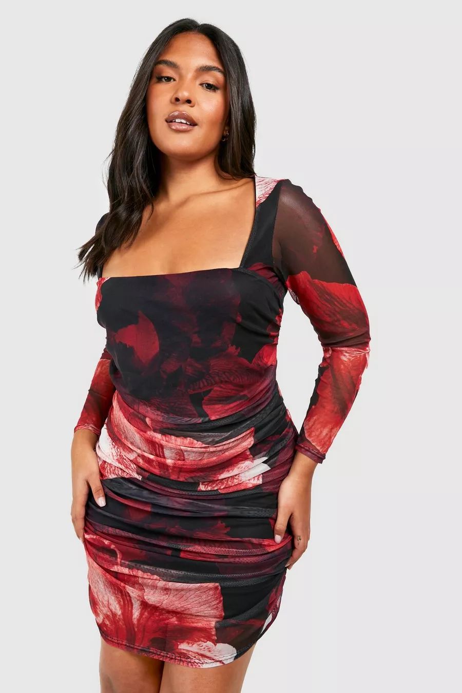 Plus Abstract Floral Print Mesh Bodycon Dress | boohoo (US & Canada)