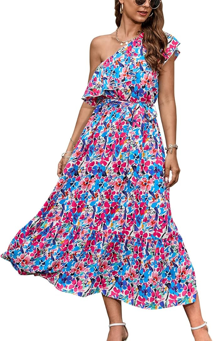 BTFBM Women's One Shoulder Maxi Dress Sleeveless Casual Summer Layered Ruffle Boho Floral Print P... | Amazon (US)