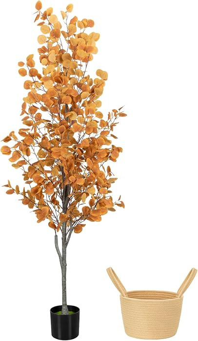 6FT Fall Artificial Eucalyptus Tree with Wicker Basket, Orange Potted Faux Eucalyptus Trees, Autu... | Amazon (US)