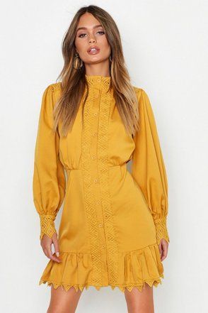 Lace Panel High Neck Ruffle Hem Mini Dress | Boohoo.com (US & CA)