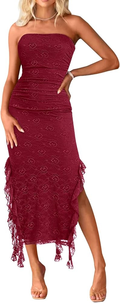 MEROKEETY Women's 2024 Strapless Bodycon Tube Dress Sexy Floral Lace Ruffle Slit Wedding Guest Co... | Amazon (US)