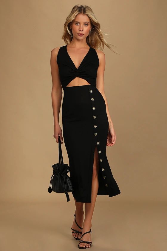 Trend Seeker Black Ribbed Twist-Front Cutout Midi Dress | Lulus