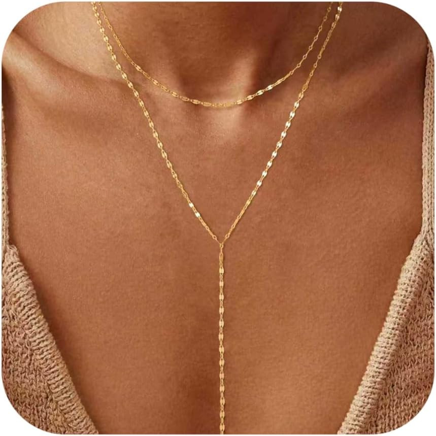 Lariat Necklace for Women, Non Tarnish Dainty Chain Stackable 14K Gold Plated Cute Trendy Layered Necklaces Elegant Jewelry Gift for Women Her | Amazon (US)