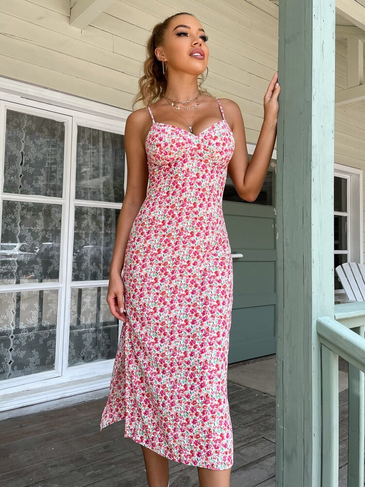 Allover Floral Print Zip Back Split Thigh Cami Dress | SHEIN