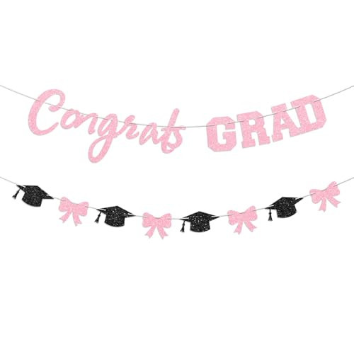 Blopee Pink Bow Congrats Grad Banner Prestrung Glitter Graduation Banner for Girl Graduation Decorations Class of 2026 Congratulations Grad Party Decorations 2026 | Amazon (US)