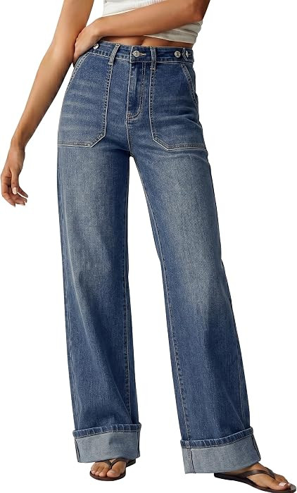luvamia Wide Leg Jeans for Women Cuffed Hem Adjustable Waist Denim Pants | Amazon (US)