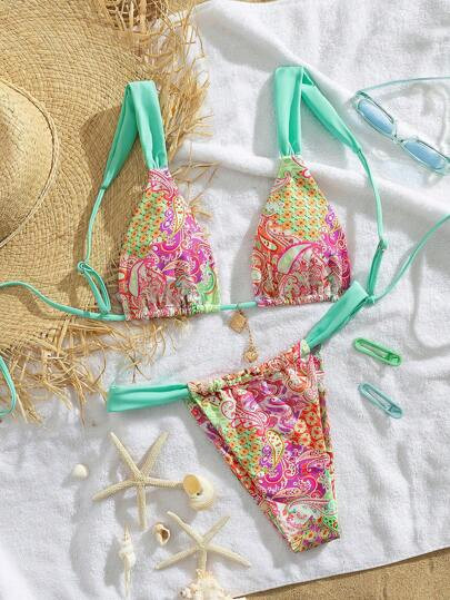 PEPPERMOLLY New Soft Padded Adjustable Strap Printed Tie Elegant Party Bikini Set, Summer Beach F... | SHEIN