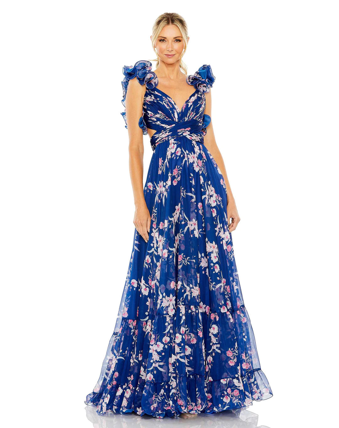 RUFFLE TIERED FLORAL CUT-OUT CHIFFON GOWN | Mac Duggal