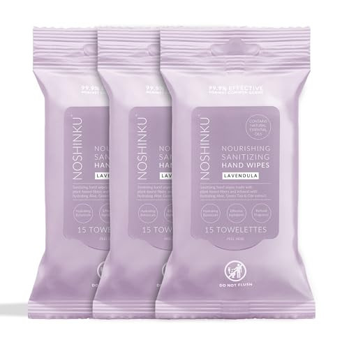 Noshinku – Lavendula Hand Sanitizer Wipes, 3-Pack (45 Towelettes) – Resealable Travel Wipes with Ethyl Alcohol, Aloe & Green Tea, Plant-Based Fiber, Essential Oil Scents, Cruelty-Free & No Dyes | Amazon (US)