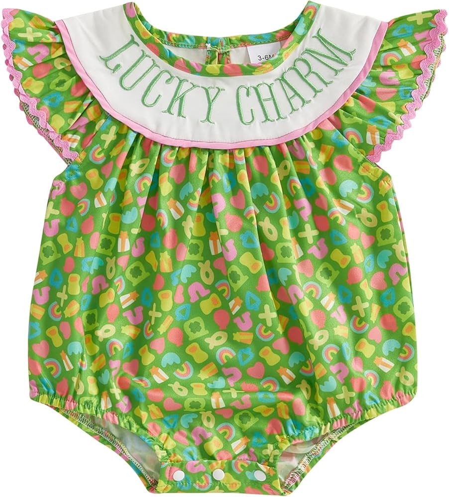 Newborn Baby Girl Bubble Romper Lucky Charm Ruffle Sleeve Cartoon Smocked Jumpsuit My 1st St Patr... | Amazon (US)